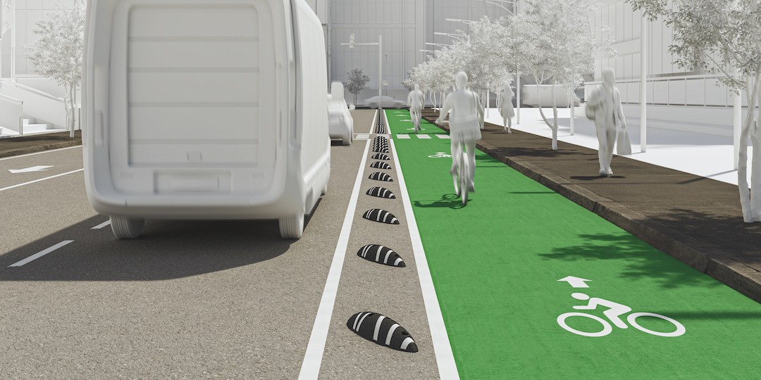 Parallel configuration with the recycled ZICLA product Zebra® bike lane separator from Family Zebra®