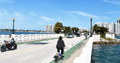 The Zebra Family® separators enhance the safety of the Venetian Causeway bike lane connecting Miami Dade with Miami Beach.